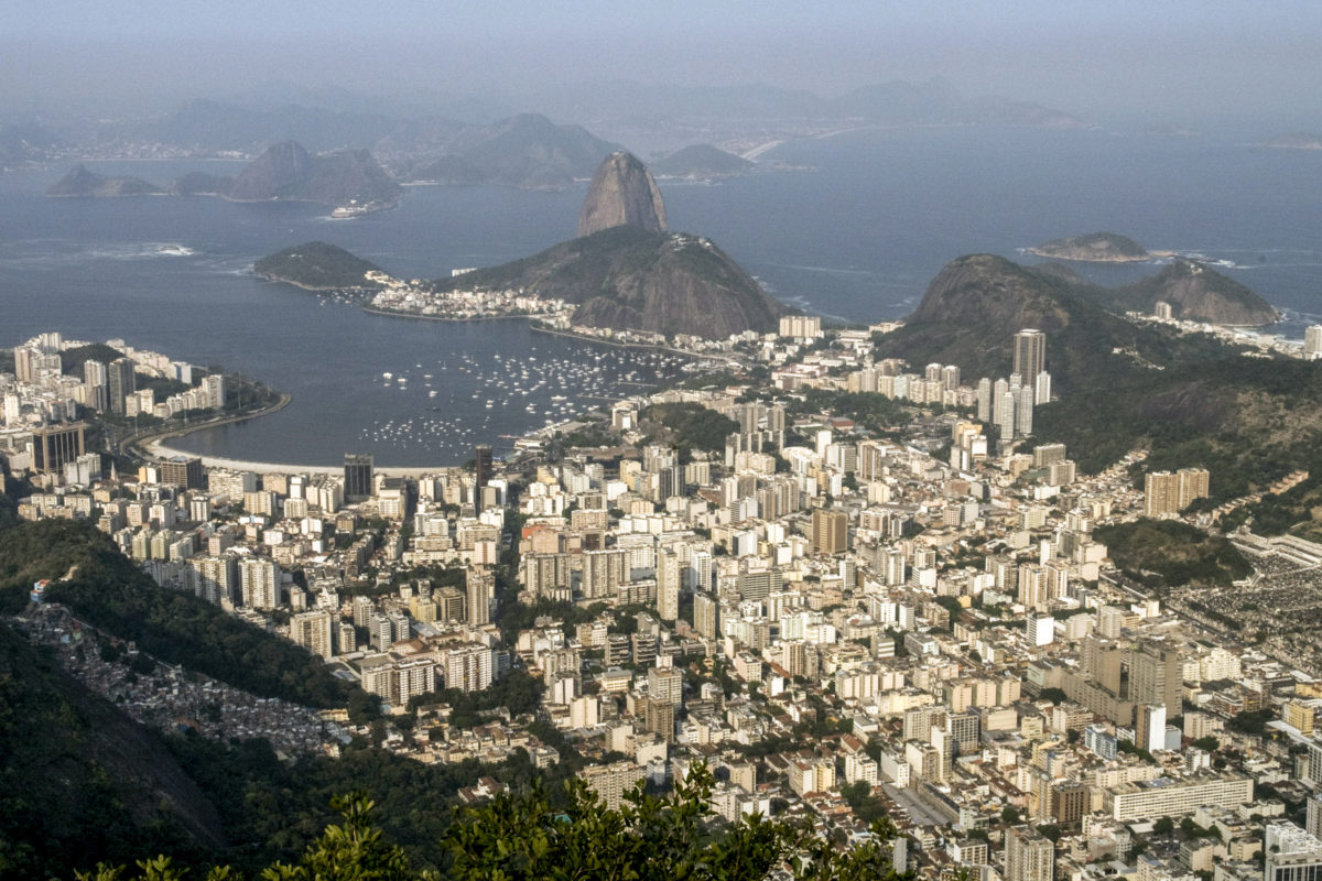 Aerial photo of Rio de Janeiro, Brazil, taken from the Christ Redeemer monument on top of Corcovado Mountain.